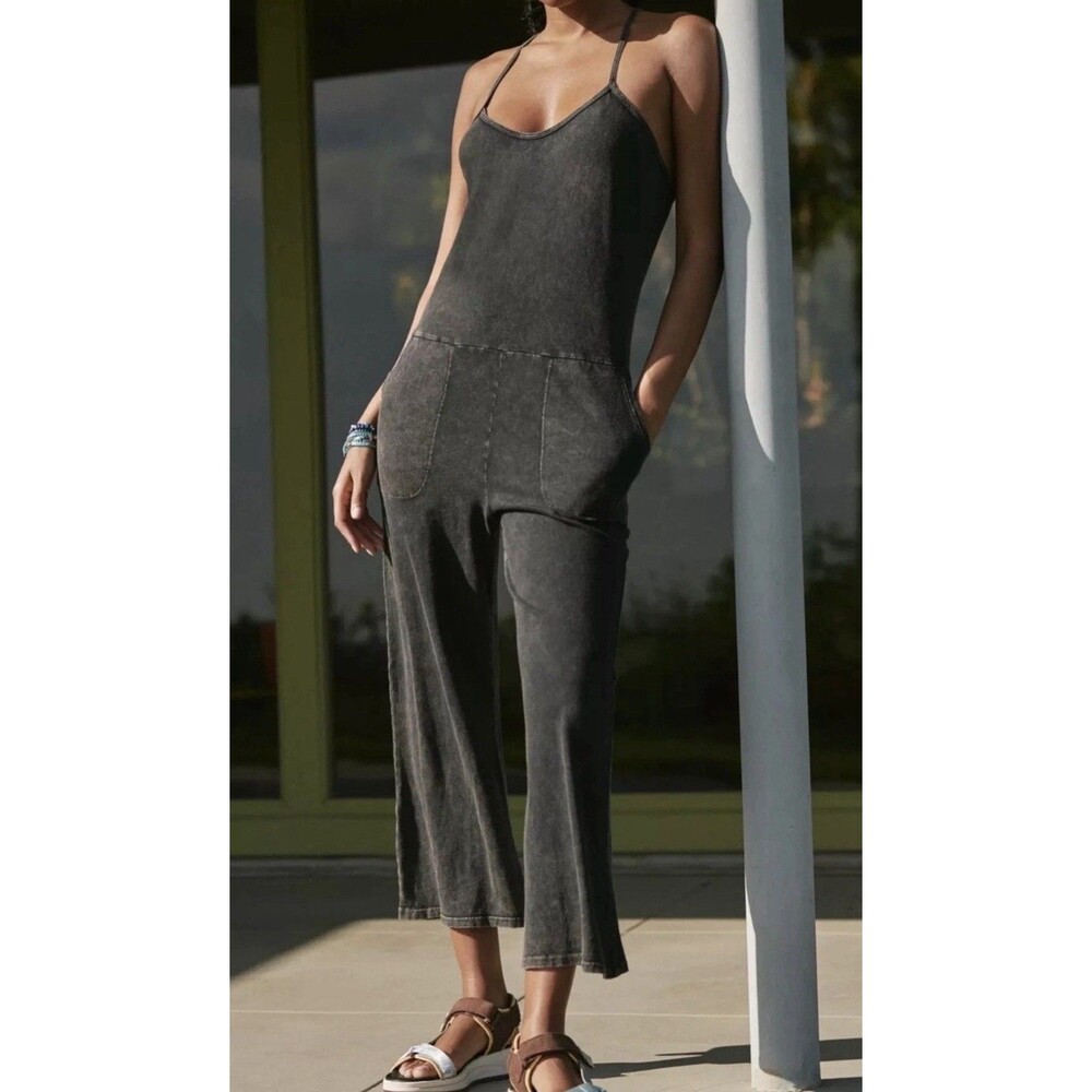 Beyond Yoga Breezy Jumpsuit Cropped Cotton Pockets Summer Washed Black Small NWT